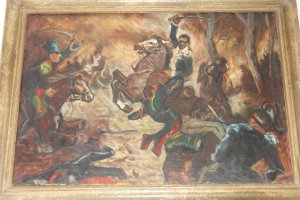 Obraz nieznanego dziewiętnastowiecznego malarza z okolic Bielska – Białej ukazujący walkę Prusaków z oddziałami napoleońskimi 