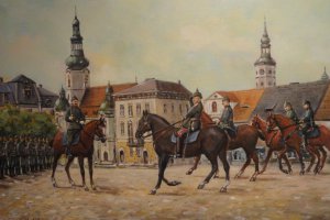 15 Musztra żołnierzy niemieckich przed cesarzem Wilhelmem II na rynku pszczyńskim –mal J Misiak 2014 