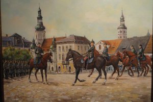 Musztra żołnierzy niemieckich przed cesarzem Wilhelmem II na rynku pszczyńskim –mal J Misiak 2014 